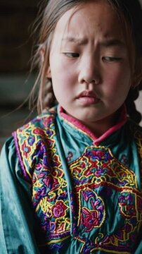 Jeune fille mongole en tenue traditionnelle exprimant la tristesse ou l&rsquo;inqui&eacute;tude

