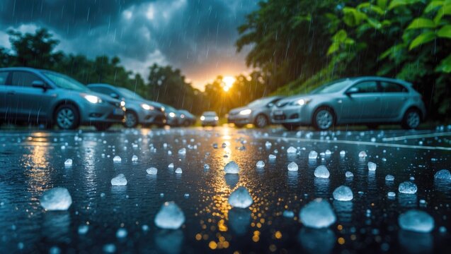 Intense summer rainfall with hail in the parking lot