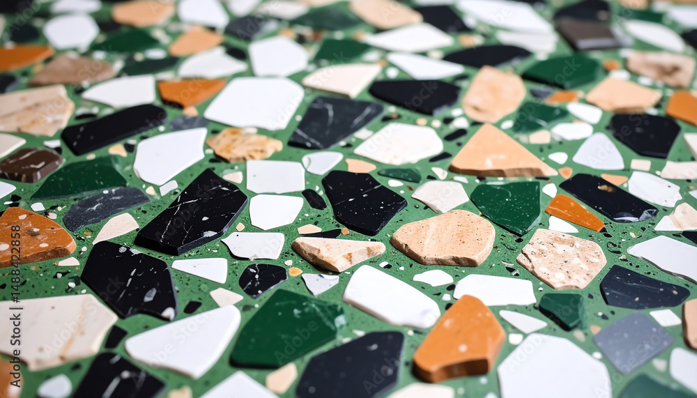 Poster a colorful mosaic of various stone fragments arranged on a green background, showcasing a blend of s