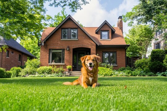 Golden dog lying on the green lawn in front of a brick house on a sunny day