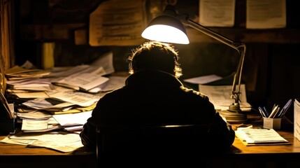 Late Night Study Session: A Silhouette of Concentration Under a Desk Lamp