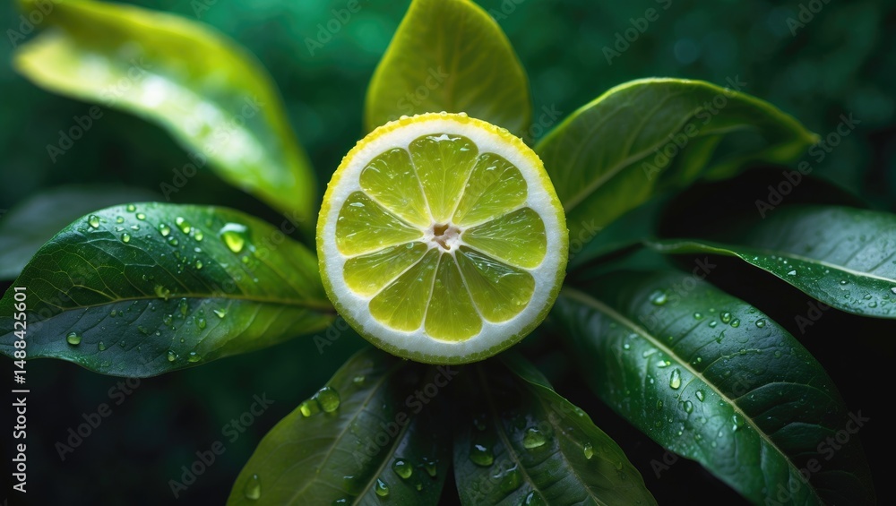 Poster lemon lime with a green leafy background and a portion that is sliced.