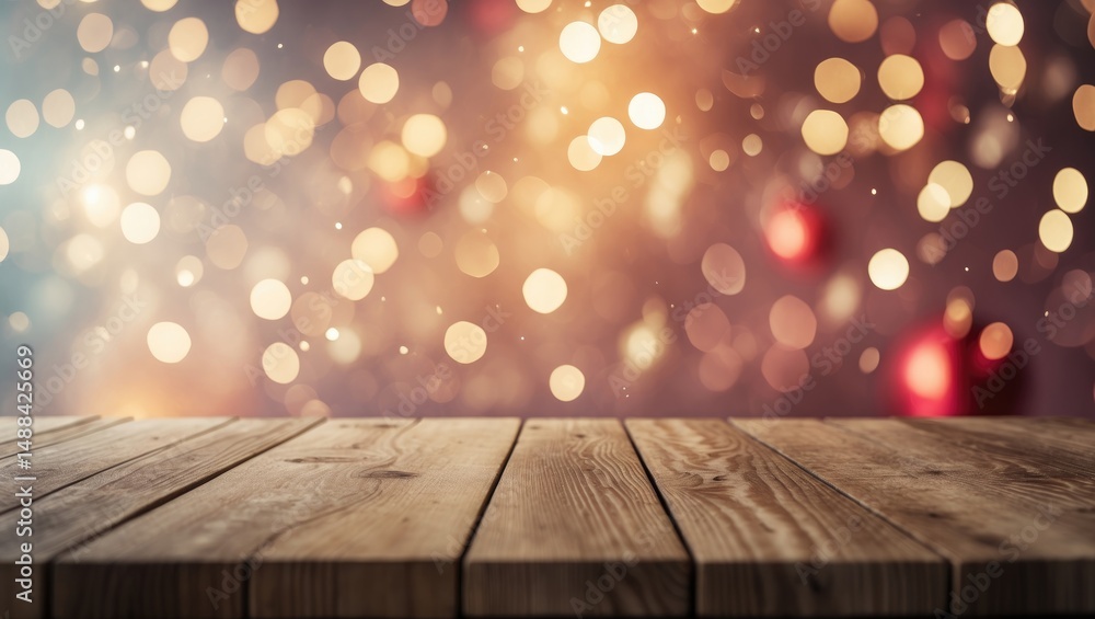 Poster empty wooden table set against a blurred festive backdrop with light spots and bokeh for product dis