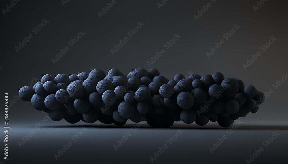 Poster abstract formation matte black spheres with textured surfaces in studio setting