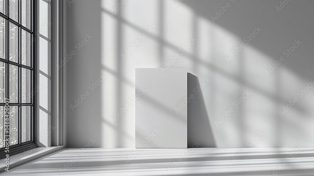 Poster empty room with large window and a blank canvas