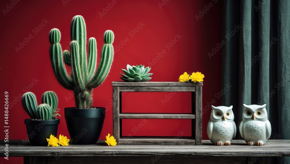 Poster gorgeous cactus displayed on a wooden shelf with an artificial owl on a wood table and background