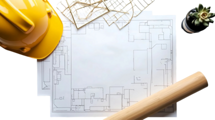  Isolated flat lay of construction helmet, blueprint, and tools on transparent background with empty space for text or marketing message
