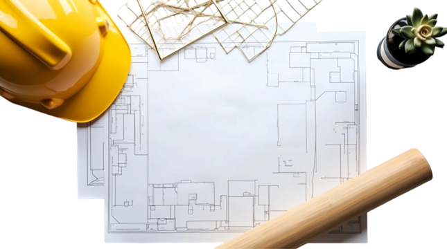  Isolated flat lay of construction helmet, blueprint, and tools on transparent background with empty space for text or marketing message