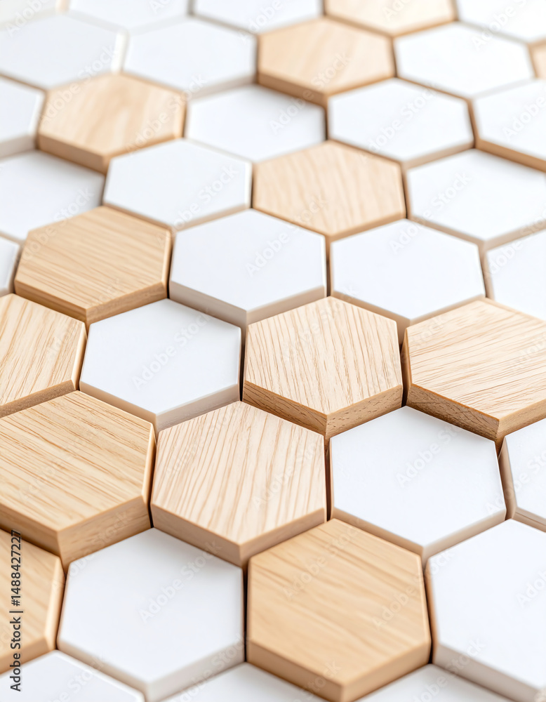 Poster a modern pattern of hexagonal tiles in wood and white, creating a stylish and contemporary look for 