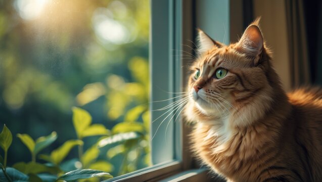 Indoor cat positioned before a blurred black fly screen and greenery. Adorable kitty gazing intensely out of the window. Long-haired calico or torbie feline. Selective emphasis on the face.