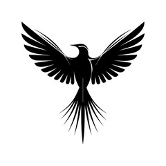 Fototapeta premium minimalist black silhouette of a bird in flight, with its wings spread wide and its body elongated.