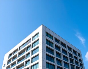 Obraz premium Modern building corner against a clear blue sky. Ideal for architecture, real estate, and design projects.