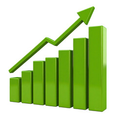 Green 3D bar chart with an upward arrow, representing growth and progress