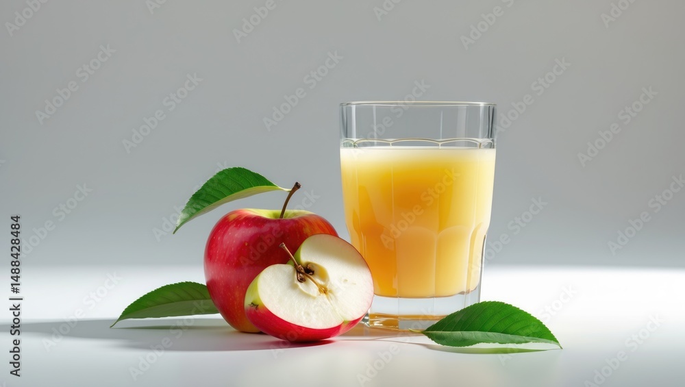 Poster separated apple juice. fresh apple juice in a glass alongside a slice of red apple with a leaf, isol