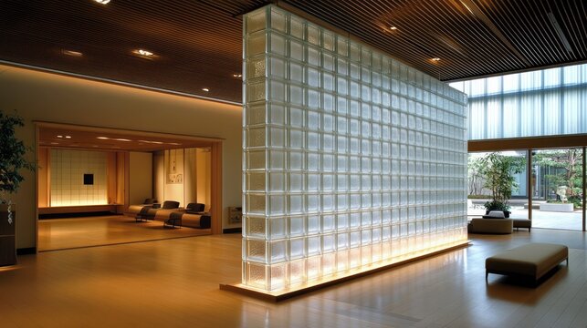 Modern glass block partition in a spacious interior hall.
