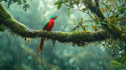 Colorful bird perched on a branch during a tropical downpour.