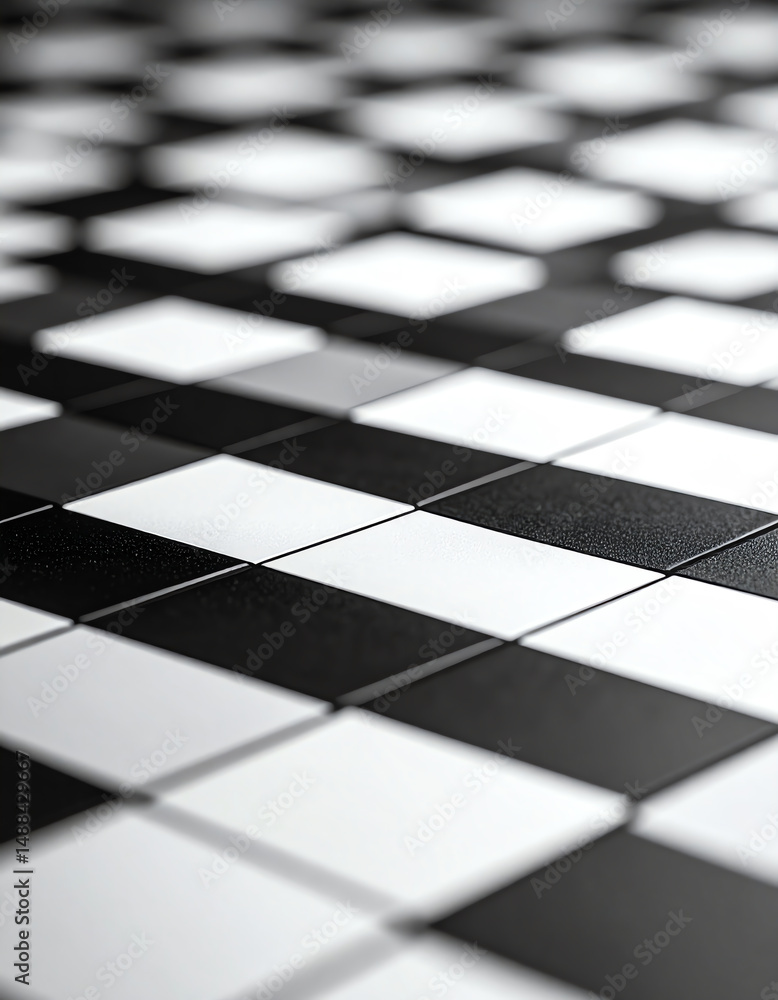 Poster a close-up of a patterned black and white tile floor, showcasing a smooth texture and alternating sq