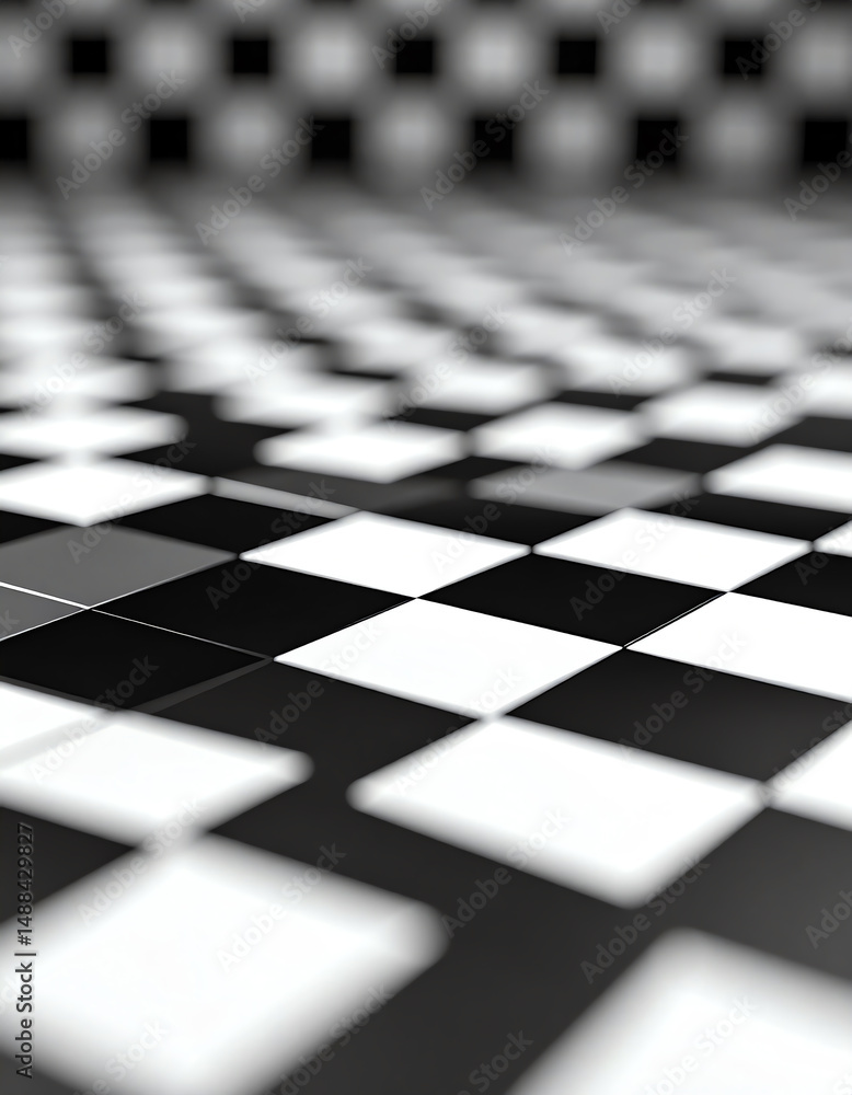 Poster a close-up view of a black and white checkered floor, creating a visually striking pattern that emph