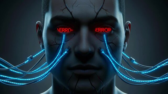 Futuristic humanoid figure with glowing blue wires and error messages in eyes, set against a dark background