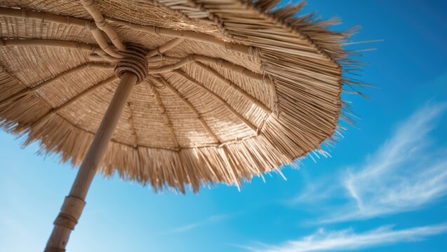 Macro shot of a rustic straw beach umbrella with vibrant blue sky as the backdrop on the coast