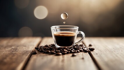 A glass cup of black coffee sits on a wooden table alongside coffee beans and a splashing droplet.