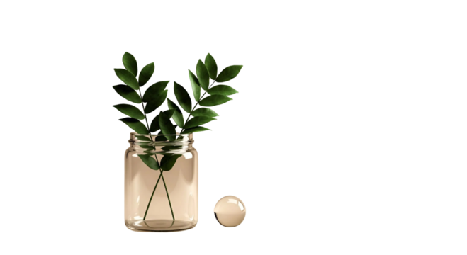  Cutout of glass jar and green leaves arranged minimally on transparent background, perfect for eco design and sustainability projects