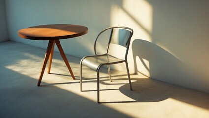 Stylish grey metal chair at a cafï¿½. Interior detail photography emphasizing light and shadow. Minimalist lifestyle close-up.
