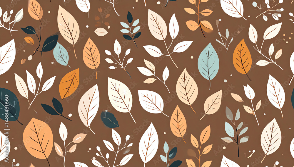 Poster a vibrant pattern featuring various leaves in soft colors against a brown background, creating a nat
