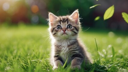 Outdoor cat. Charming picture of a playful little kitten resting on the lawn.