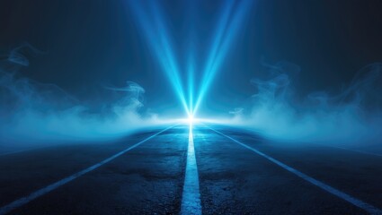 Desolate street scene with blue rays and smoke in the background