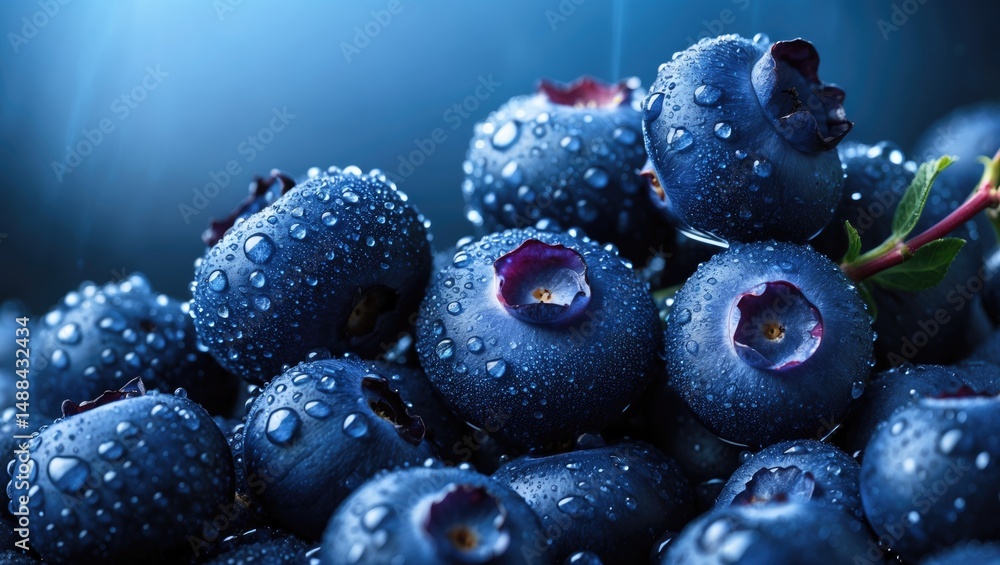 Poster close-up macro image of fresh blueberries with dew drops