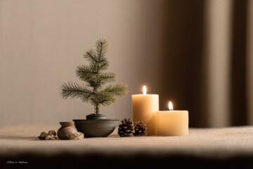 serene minimalist christmas scene featuring soft warm light illuminating simple decorations