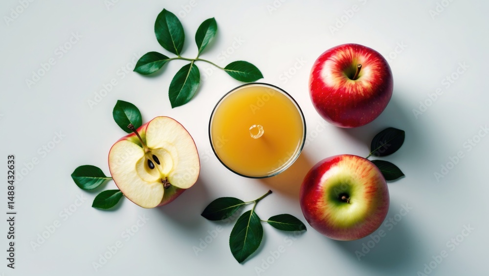 Poster top view of an isolated apple with juice and leaves on a background