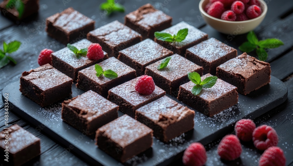 Poster brownie squares of dark chocolate and raspberry on a black stone board with a background, overhead v