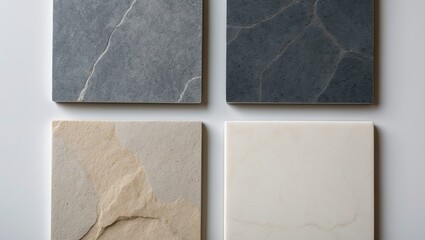 Samples of interior stone tiles in grey, dark grey, ivory, and beige tones. Top view of square-shaped tile swatches for selection, isolated on a background with clipping path.