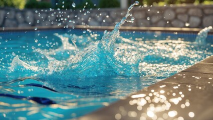 Numerous splashes in the swimming pool from diving jumps. Water splashing. Family members leaping. Concept of leisure and holidays. Individuals swimming in a frame pool located in the backyard.