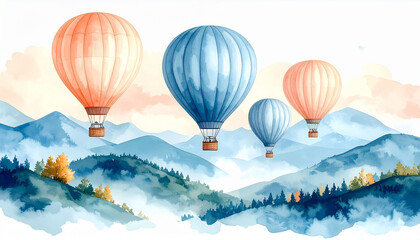 Obraz premium the illustration features four hot air balloons gracefully floating above a landscape of blue mountains and scattered trees