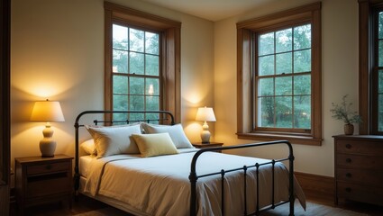 Radiant yellow bedroom layout incorporating a metal bed frame and windows.