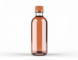 the image shows a glass bottle against a bright background. the bottle has a rounded cylindrical shape and is made of a light reddish brown transparent glass