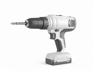 a cordless power drill is positioned on a plain white background. the drill is light in color with accents of gray. a twisted metal drill bit is attached to the front of the machine