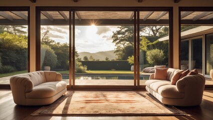 Naklejka premium Lounge area with a view of the backyard and landscape