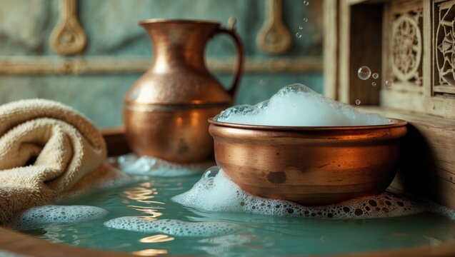 Water jug, towel, and copper dish with lather in the bath. Vintage decor features. Landscape orientation, banner format