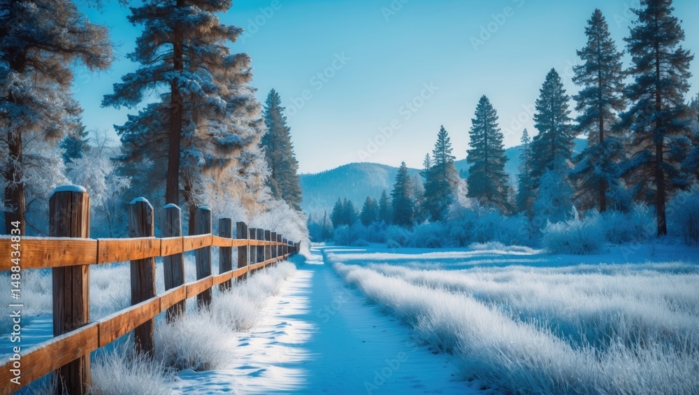 Poster a tranquil scene features a snowy path bordered by a rustic wooden fence, surrounded by trees and a 
