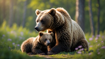 Obraz premium Mother bear with her young in the forest.
