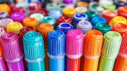 Colorful marker tops close-up view.