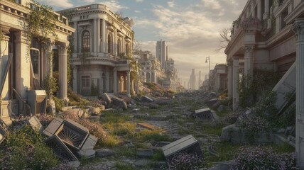 Fototapeta premium Post-Apocalyptic Cityscape: Ruins Reclaimed by Nature's Embrace