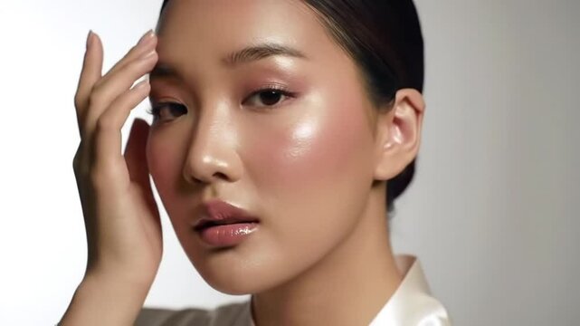 A stunning young woman with a luminous complexion, elegantly touching her face with one hand, then the other, in a graceful slow motion. She&rsquo;s wearing a silk white robe, standing against a high-key wh