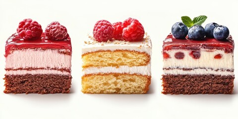 Delicious dessert squares with raspberry and blueberry toppings presented on a light background