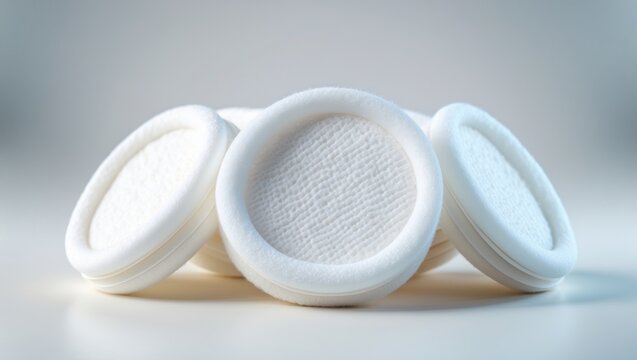 Cotton pads for skin care and hygiene. Disposable rounds for facial wiping. Sponge items for hygiene and care.