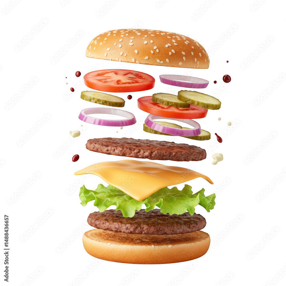 Poster exploded view of a delicious cheeseburger isolated on transparent background